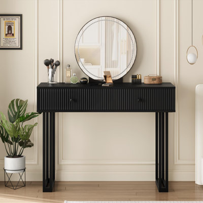 Vanity Desk with Mirror and Lights, Small Makeup Vanity with 2 Drawers, Modern Vanity Organizer with 3 Colour Lights