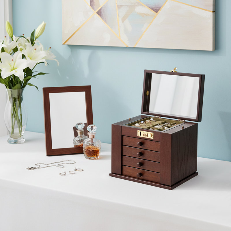 Étui à bijoux Archaize à 4 tiroirs et 5 grands formats avec petit miroir et cadenas à combinaison.