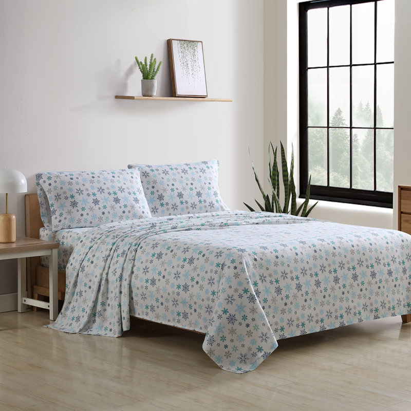 Ensemble de draps 100% coton 200 fils, Ensemble de draps pour lit double avec 2 taies d'o, Flocons de neige