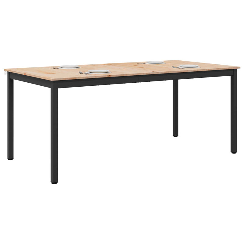 Solid Wood Top Metal Base Dining Table, 75cmH x 180cmL x 90cmW, Natural, Black