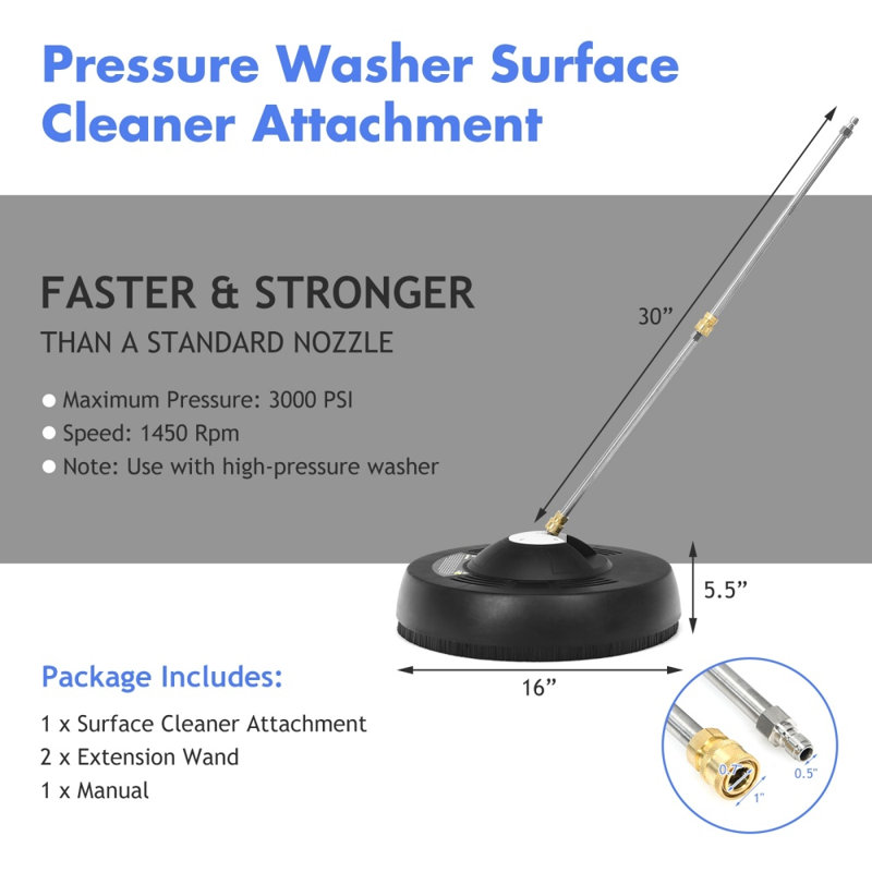 16" Pressure Washer Surface Cleaner with 2 Nozzles & Extension Wands
