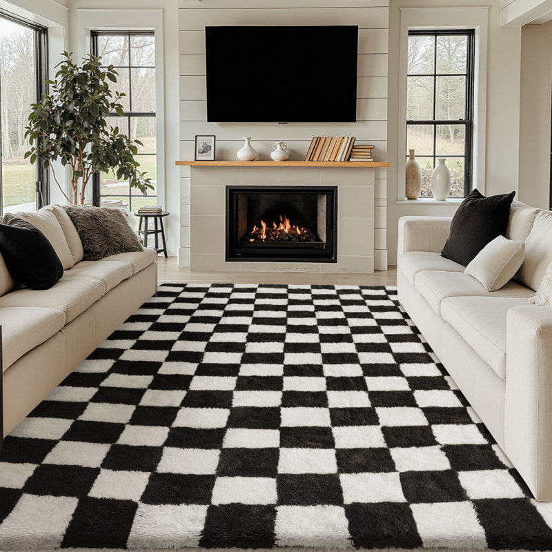 Celi Modern Checkered Shag Area Rug With Non-Slip Backing, Rectangle 8' x 10', Black