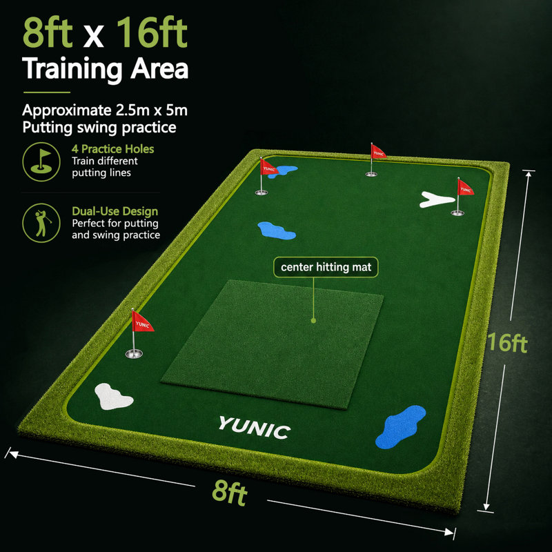 YUNIC - Grand green de golf de 16 pi x 8 pi avec tapis de frappe central intégré, tapis de golf professionnel pour l'entraînement en extérieur et en extérieur
