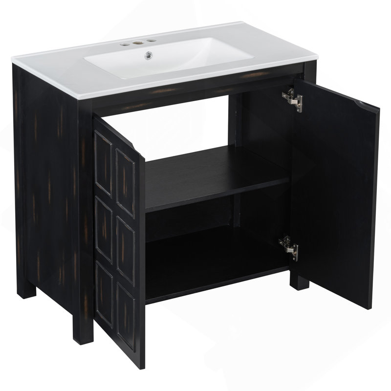 Organisateur de meuble-lavabo 36 po avec lavabo en céramique, ensemble de rangement pour salle de bain, espresso rétro, Brun