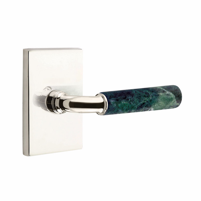 Ensemble de leviers d'intimité Emtek Select, rosette rectangulaire moderne, tige R-Bar, poignée en marbre blanc, droite