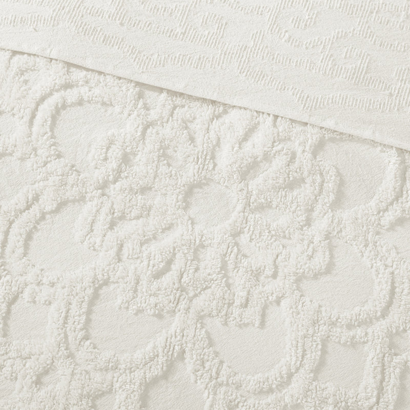 Ensemble de couvre-lit en chenille de coton touffeté à franges et motif médaillon Laetitia, Blanc cassé
