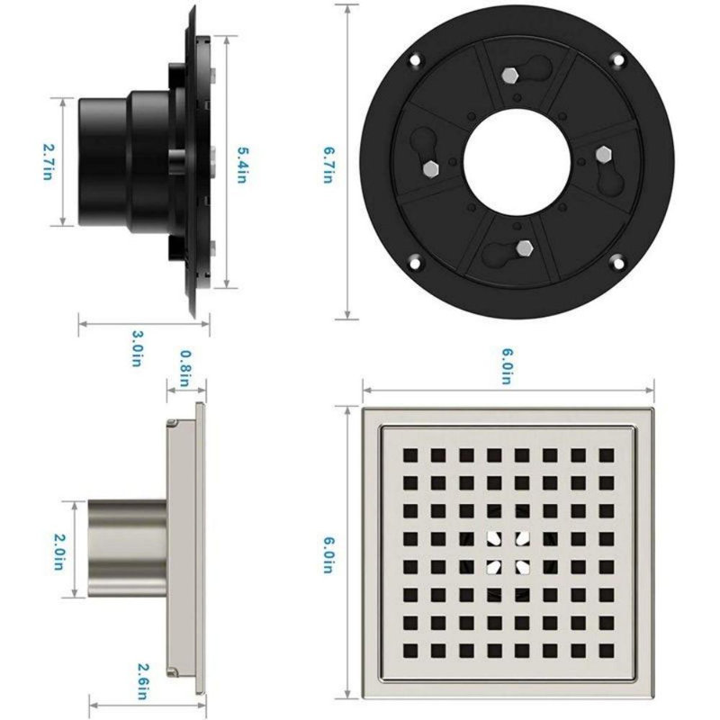 6" Classic Square Shower Floor Drain, Brushed Nickel
