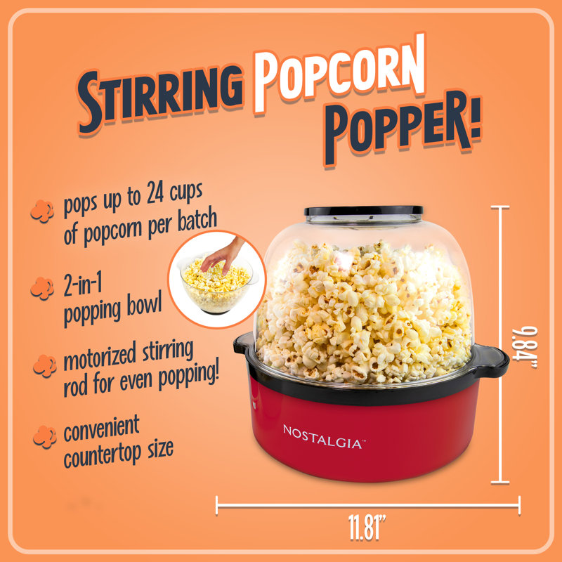 Nostalgia 6 Qt Stainless Steel Stirring Popcorn Popper, Red