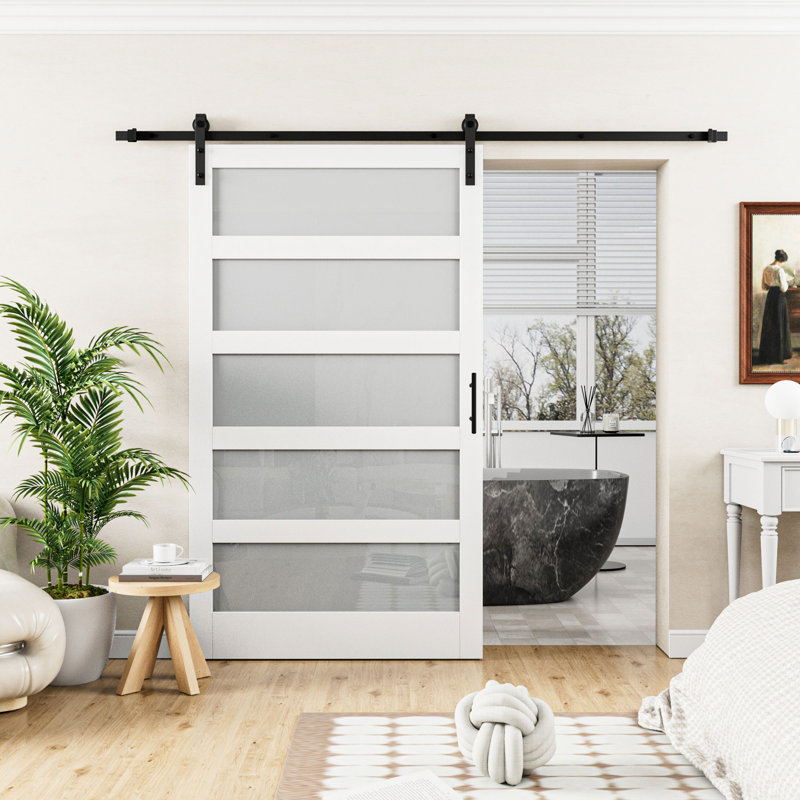Soft Closing Included - 84"Height 5-Lites Glass Sliding Barn Doors with Installation Hardware Kit, 48" x 84"