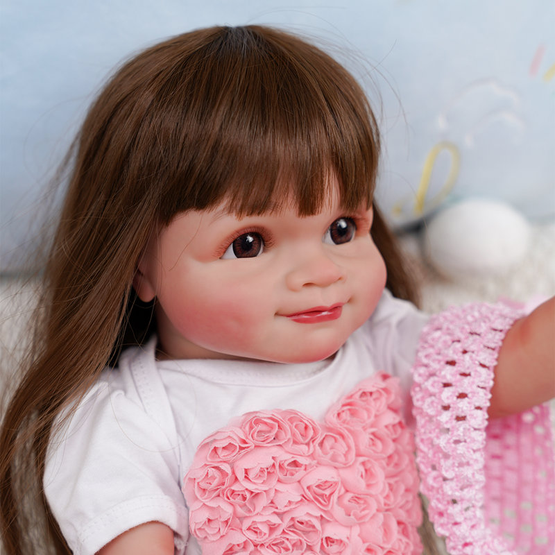 Vacos 20inch Reborn Baby Doll Features Long Brown Hair, Big Sparkling Eyes, And Delicate Pink Floral Bodysuit With Colorful Tutu Skirt. Perfect For Collectors And Special Gifts For Birthdays Or Baby Showers