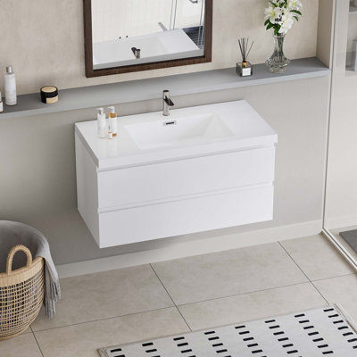 Meuble-lavabo flottant avec lavabo, meuble-lavabo mural moderne avec lavabo en résine et tiroirs à fermeture en douceur