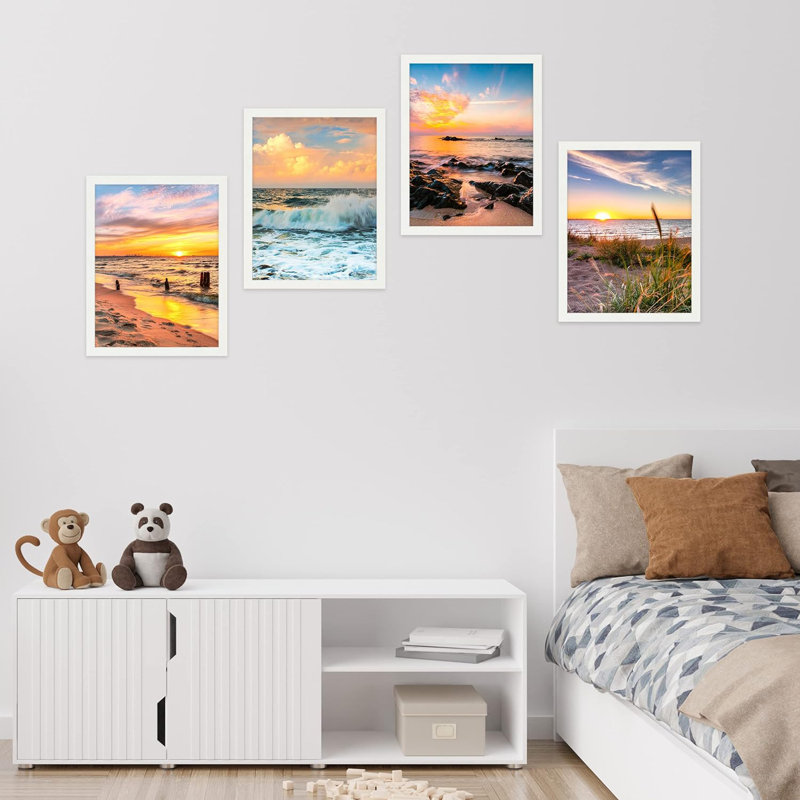 Encadrement pastel coucher de soleil nautique océan plage, ensemble de 4 impressions murales colorées de paysage encadrées sur papier, impression de 4 pièces
