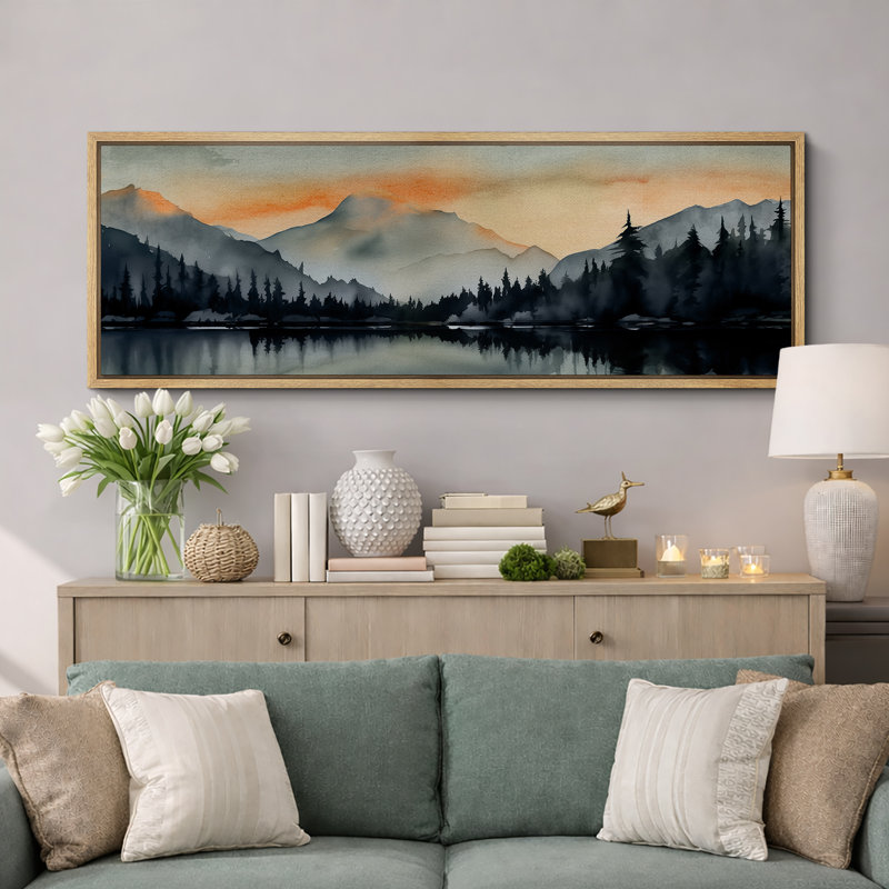 Woodland Forest Landscape Sunset Mountain Range and Lake, reproduction d'art sur toile, H 20 po x l 60 po, Natural