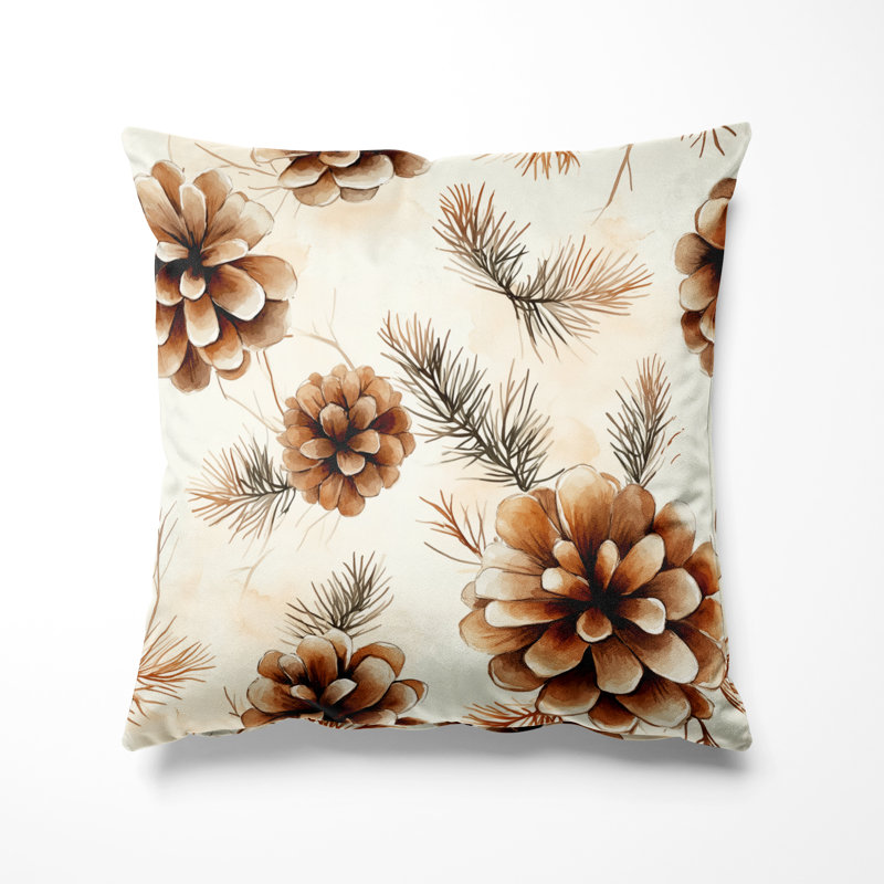 Rustic Lodge Decorative Cushion - Brown Rustic Pinecone Light Printed Throw Pillow, 16"H x 16"W