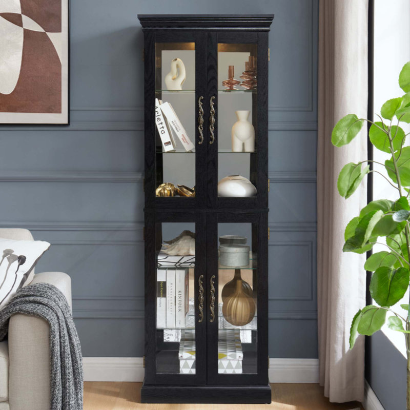 Élégante vitrine vitrée éclairée - Rangement à cadre en bois pour le salon, la cuisine et le garde-manger - Ampoule incluse - Idéal pour le vin, les jouets et les objets de collection