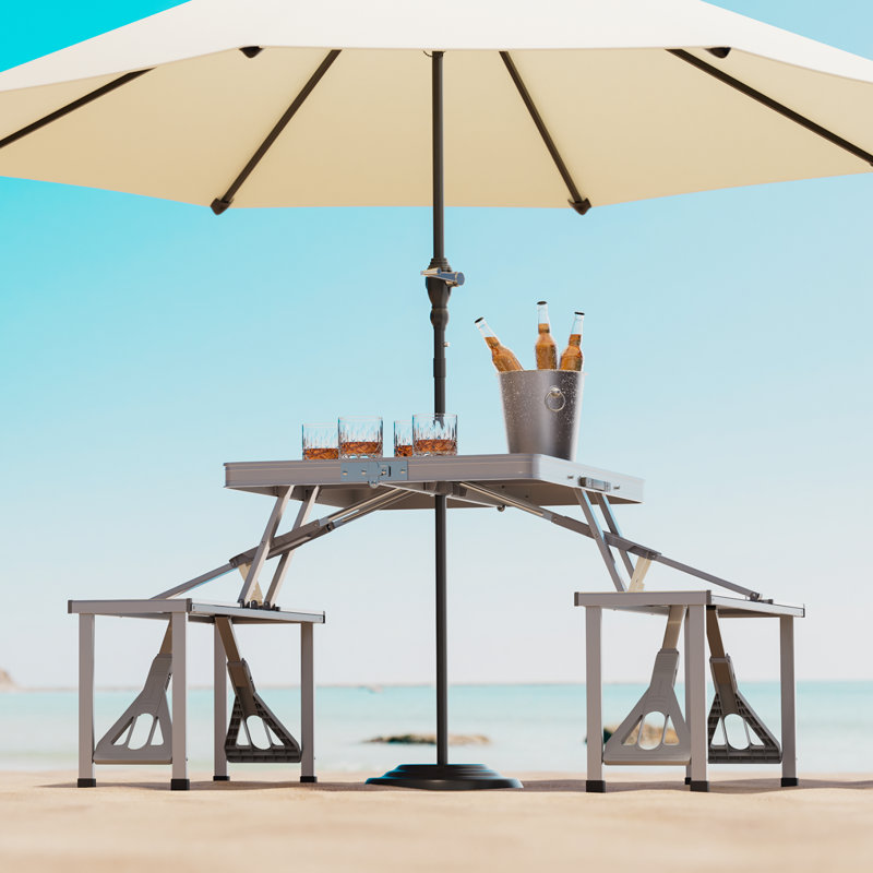 Table de camping extérieure pliable avec sièges de chaise et trou de parasol Table de pique-nique portable pour 4 personnes