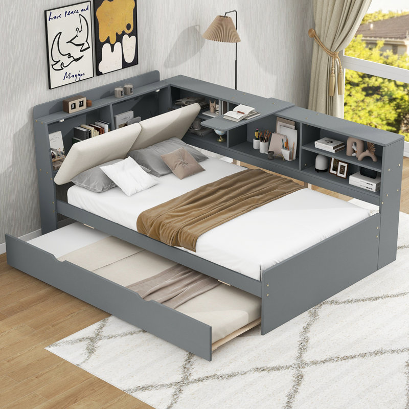 Lit plateforme en bois avec lit gigogne, tablettes et tête de lit avec rangement, gris, Double