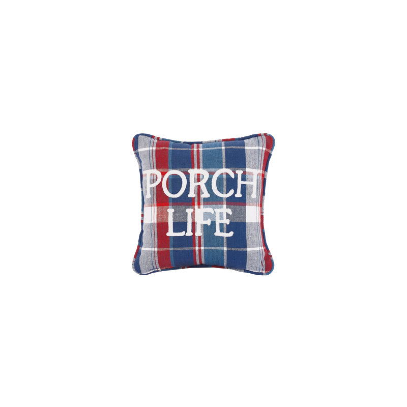 Blue and Red Plaid Embroidered Cotton Throw Pillow