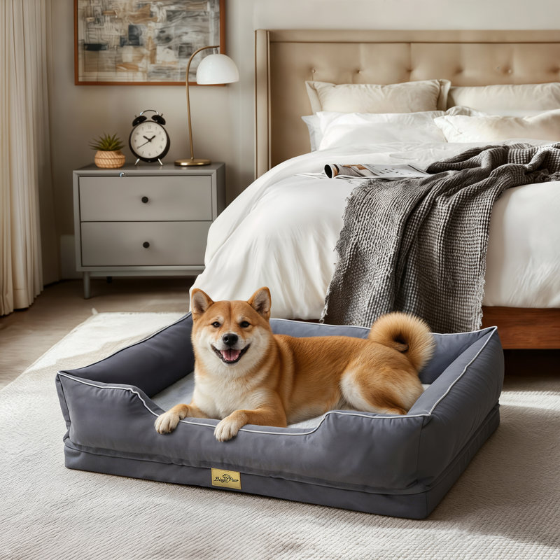 Orthopedic Dog Bed with Bolster , Grey, Large (19.5cm H x 94.5cm W x 67cm D)
