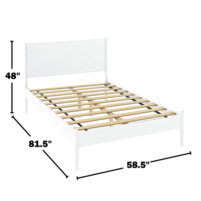 Lit plateforme pleine grandeur de style Mid-Century blanc, structure, pieds ronds fuselés, ensemble de lattes, aucun sommier nécessaire pour la fabrication en bois de chambre à coucher,
