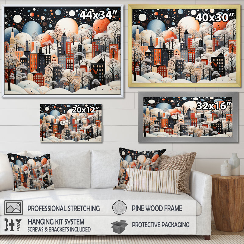 «Orange Bubble Winter Village Art Deco», art mural ville art déco, Cadre flottant doré, H 16 po x l 32 po x P 1 po