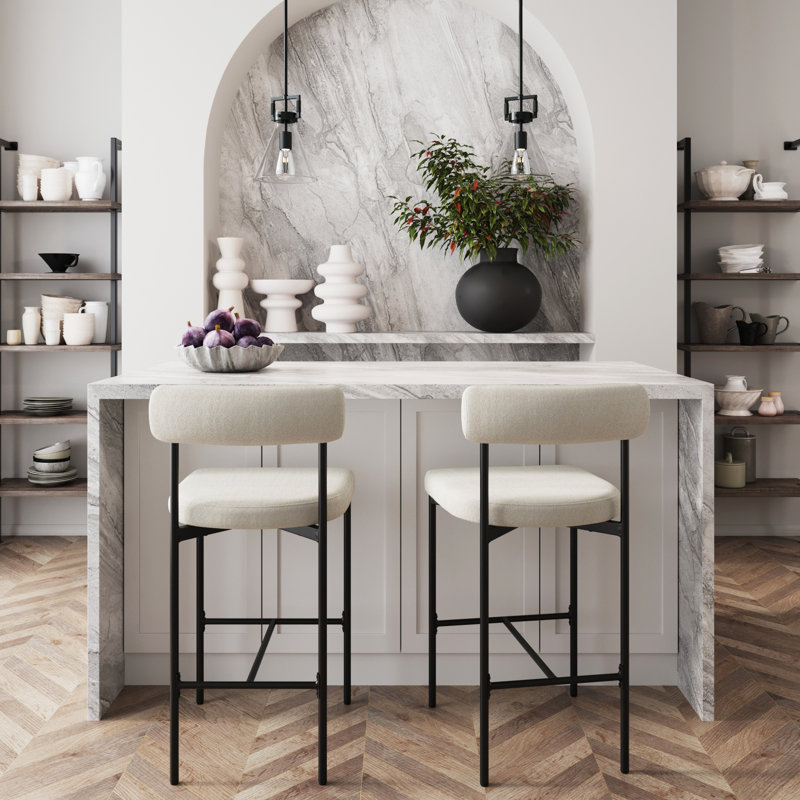 Tabouret de bar rembourré avec pieds en métal Boucle, Tabouret de comptoir (siège d'une hauteur de 26 p, Crème / Boucle, 2