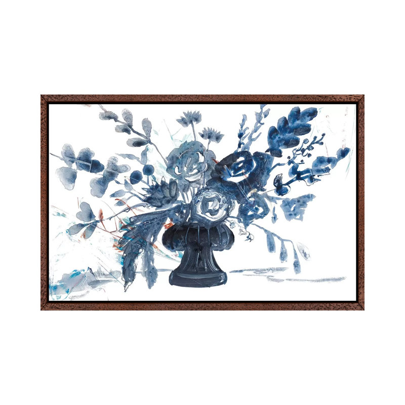 Blue Floral In Vase by Robin Maria - Painting on Canvas, Classic Brown Wood Framed, 45.72cm H x 66.04cm W x 3.81cm D