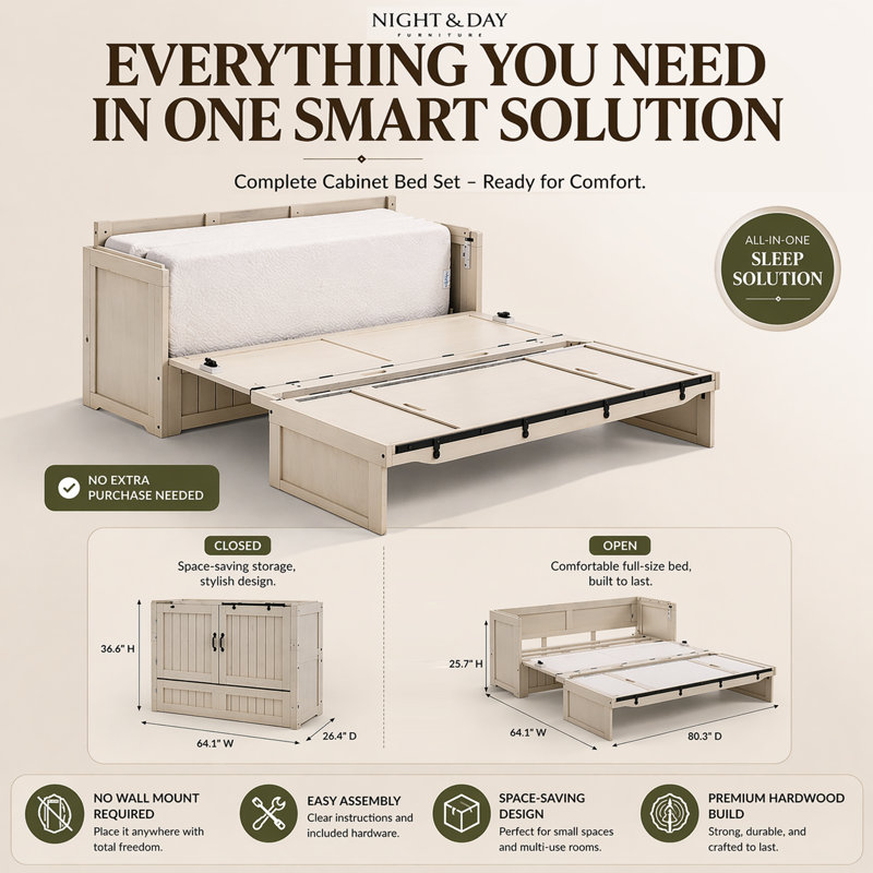 Lit escamotable Night & Day Furniture avec matelas en mousse à mémoire de forme de 15 cm (6 po), format Queen, blanc vintage et quincaillerie Ranchero