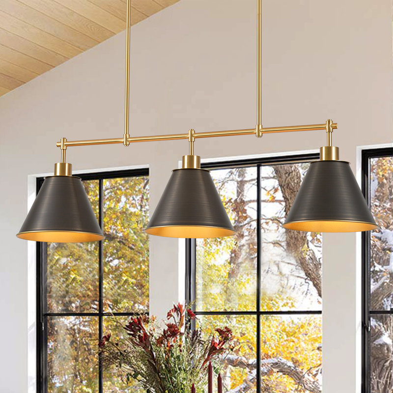 Luminaire suspendu linéaire conique à 3 lumières pour îlot de cuisine noir et laiton
