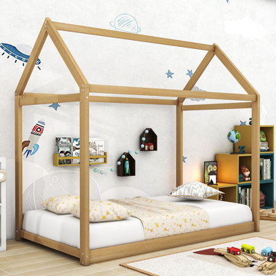 Lit simple en bois en forme de maison avec support à lattes