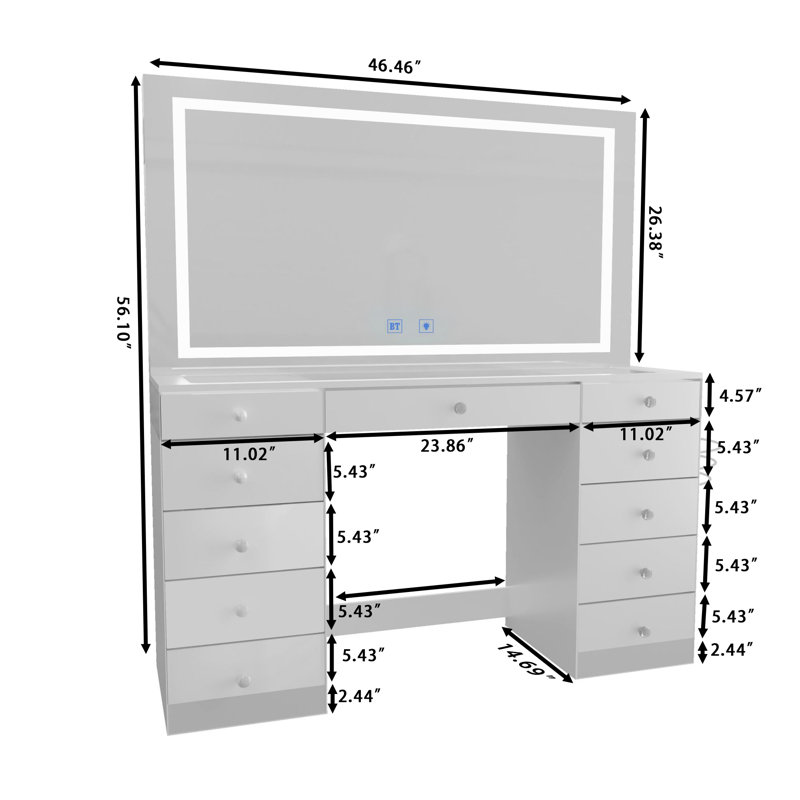 Amelia Premium Vanity Table With Bluetooth Speakers And 11 Spacious Drawers, White