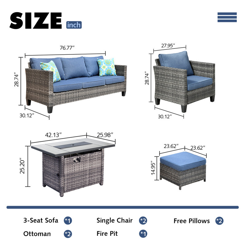 Dzion 5 - Person Patio Conversation Set with Cushions, Denim Blue, Yes