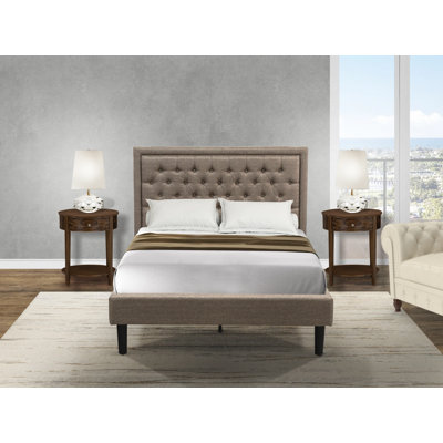 3 Piece Bed Set - 1 Full Bedframe Dark Khaki Linen Fabric Padded and Button Tufted Headboard with 2 nightstands Bedroom - Antique Walnut Finish Nightstand
