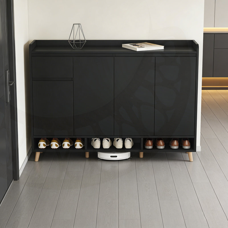 Sleek Contemporary Shoe Cabinet With Adjustable Shelves And Solid Wood Legs For Entryway Or Living Room Storage., Black