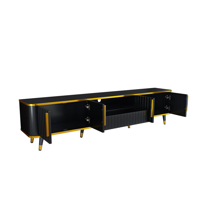 Meuble télé 85 po, blanc, avec détails dorés, armoires fonctionnelles et support contemporain, armoires, tiroir, tablette ouverte et décor
