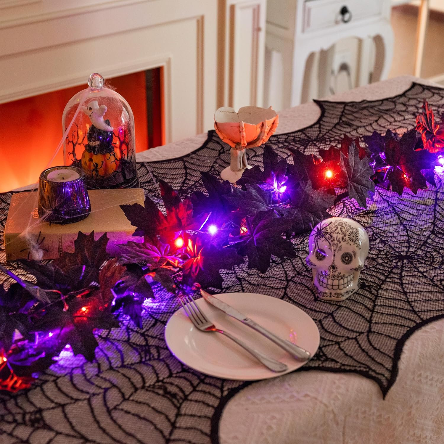  9ft Halloween Garland with Lights, Thick Pre-Lit Light Up Black Maple Leaf Garland Halloween Decor for Mantle Fireplace Table Home Indoor