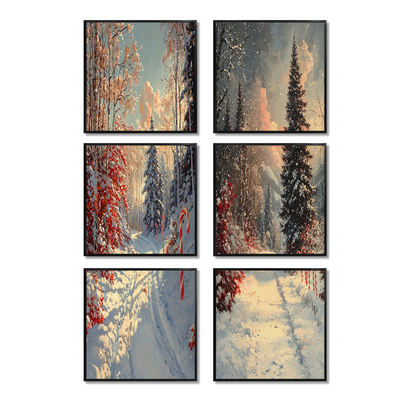 Canne de Noël rouge et blanche - ensemble d'art mural de Noël de 6, Impression encadrée sans passe-partout, Noir