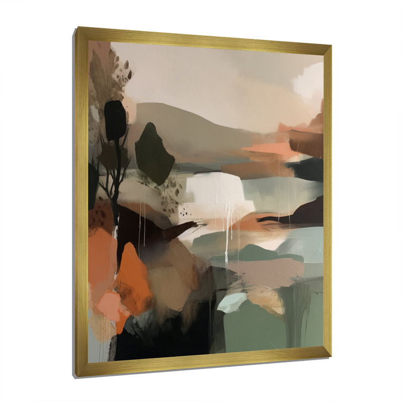 «Green and Beige Transcendant Reality I», peinture abstraite encadrée sur toile, H 20 po x l 12 po x P 1 po, Encadrement doré
