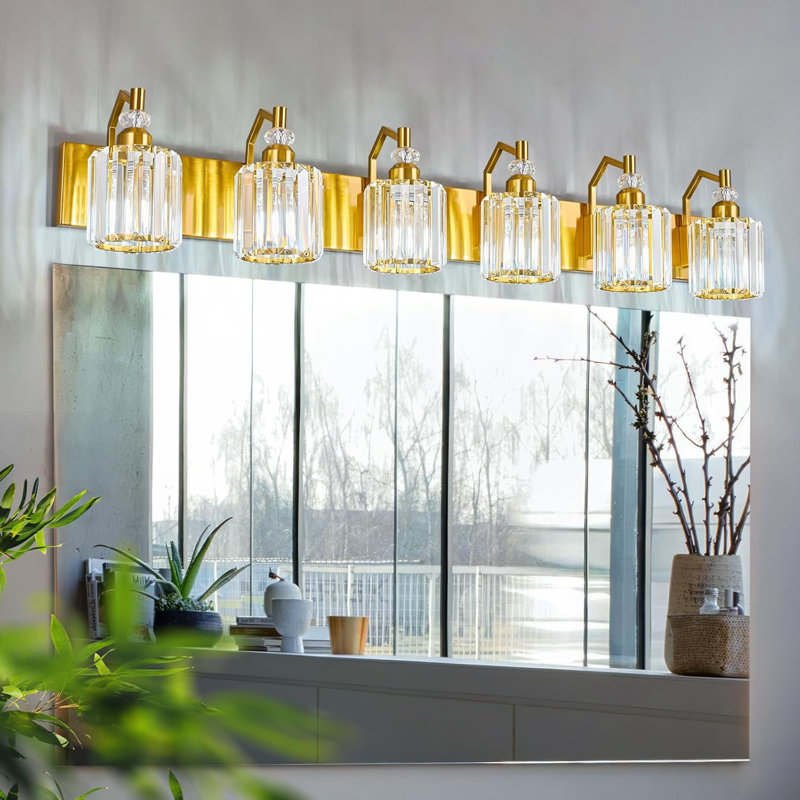 Luminaire de salle de bain moderne à 6 lumières avec abat-jour en cristal pour un éclairage de miroir élégant, Doré, Rond