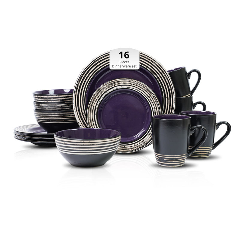 HomeVSS 16-Piece Tree Bark Stoneware Dinnerware Set, Service for 4, Lavender