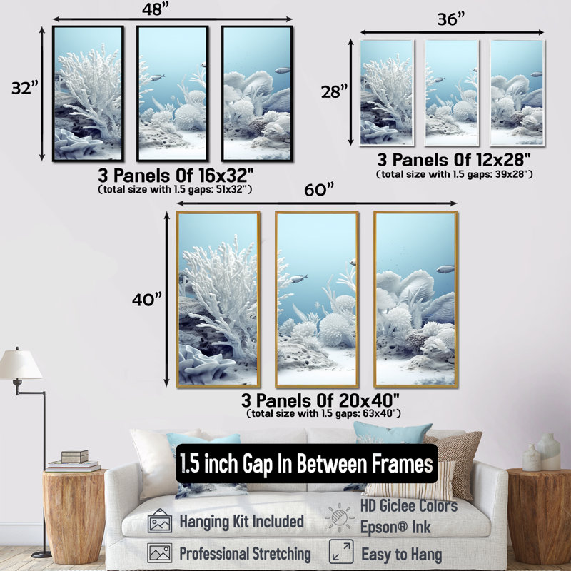 Coastal White Coral Serenity - Ensemble d'art mural sur toile corail sous l'eau, H 40 po x l 60 po x P 1 po