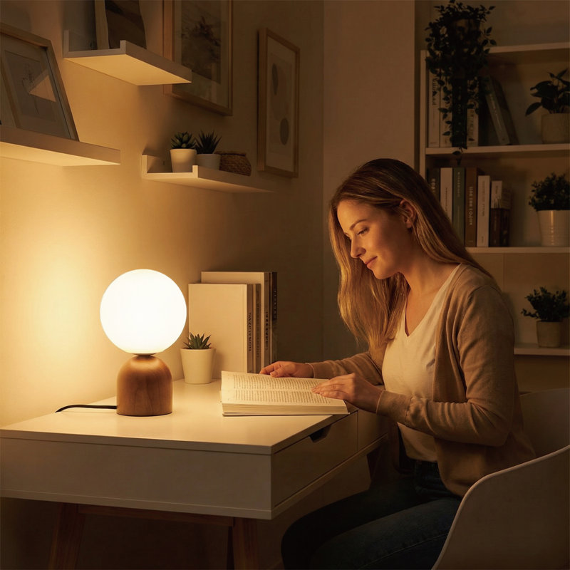 Lampe de table sphérique en verre opale à intensité variable 9,8 po avec base en bois d'hévéa noyer et support de lampe E12, certifiée cULus pour les tables de chevet, les bureaux ou les tables de salle à manger
