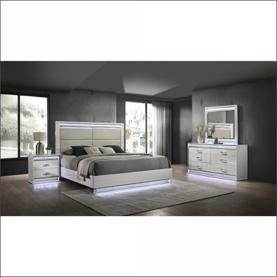 Bedroom Set, 5-Piece Queen Glam Modern with LED Lights, Snow White Wood | Wood | Standard Beds