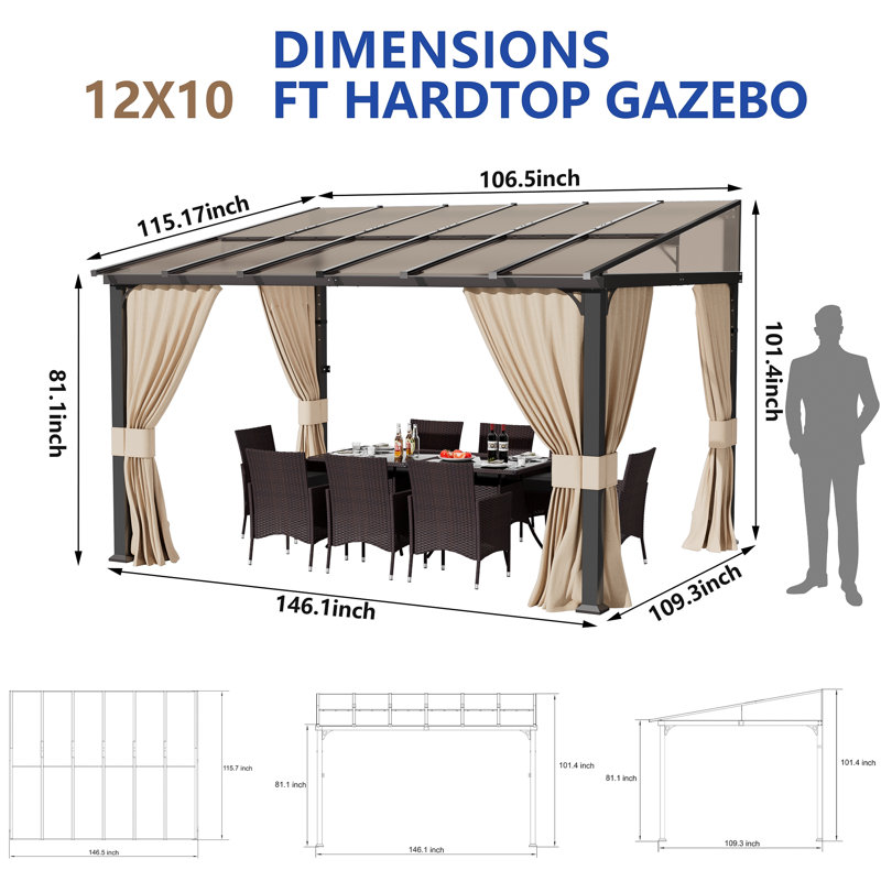 Modern Outdoor Gazebo with Slant Roof, Polycarbonate Canopy, Black Metal Frame and Privacy Curtains