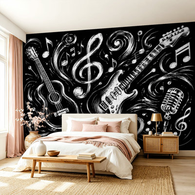 Papier peint adhésif pelez et collez la musique abstraite guitare note de musique clé de son lignes noires dessin à la main auto-adhésif et amovible