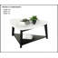 Table basse triangulaire de style contemporain avec rangement inférieur et plateau en marbre élégant, parfait pour les salons modernes