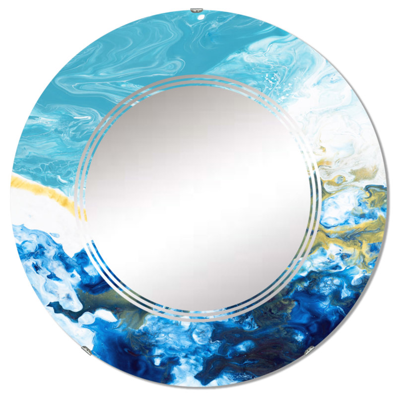 Miroir mural rond bleu et blanc liquide Art Waves IV, 32 po x 32 po