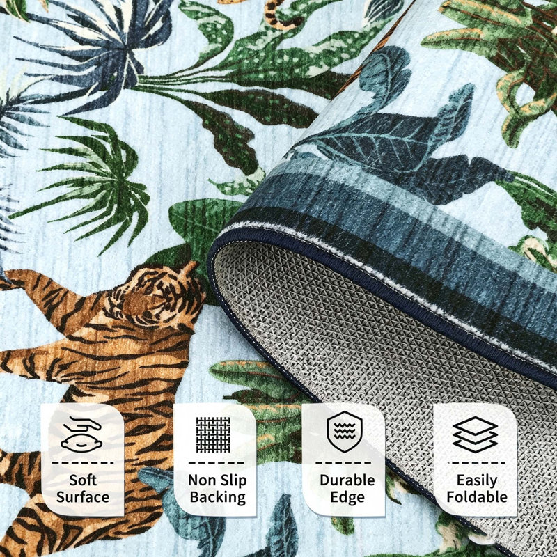 Tapis tigre Jungle avec envers antidérapant, Bleu, 8 x 10 pi