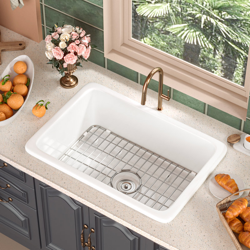 DeerValley Rectangular Fireclay 27" L x 19" W Undermount Kitchen Sink with Basket Strainer and Sink Grid