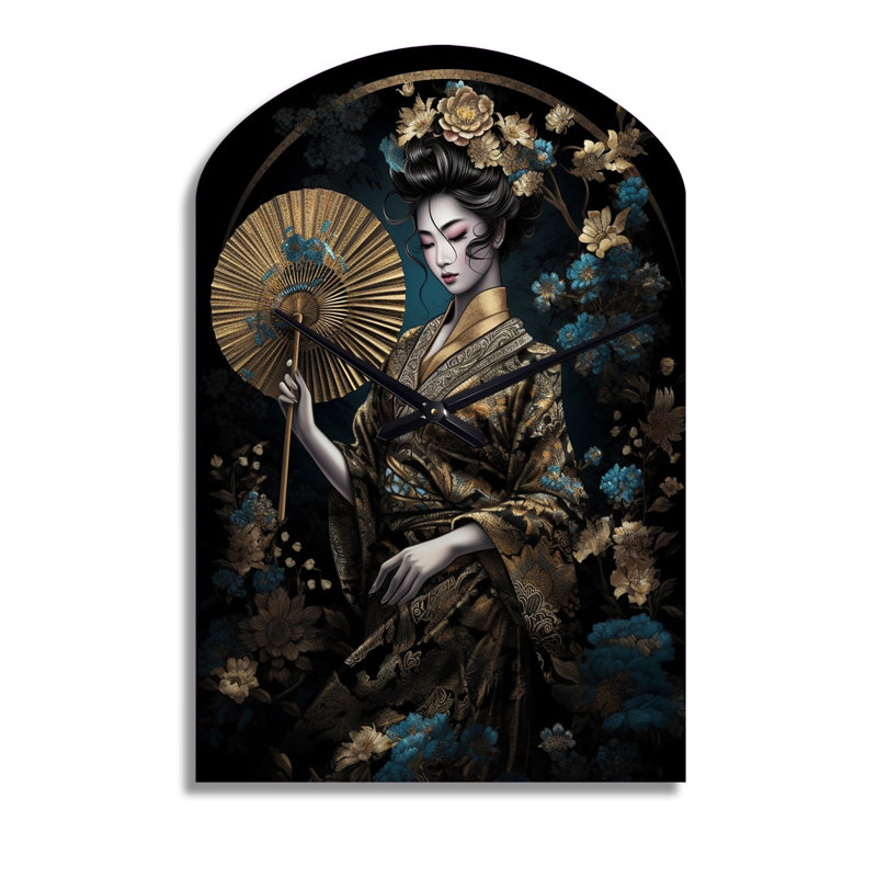 Horloge murale élégante, femme japonaise en métal IV, impression asymétrique dorée, Grand
